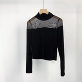 Toloer Show Thin Temperament Mesh Hollow Out Black Bottom Shirt Women's New Slim Half High Collar With Long-Sleeved
