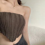 Women's Knit Bandeau Crop Tops, Strapless Sleeveless Solid Color Hanky Hem Tube Tops-Outfit
