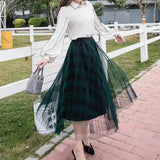 Fashion Lattice Tulle Pleated Skirt 2023 Summer New Elegant Office Lady Commute All-match Elastic High Waist Midi