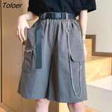 Harajuku Chain Cargo Shorts Women 2023 Summer Big Pockets Wide Leg Shorts Woman Black High Waist Streetwear Shorts