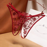 crotch-free women's panties mesh embroidery retro hollowed out sexy transparent thong ultra-thin low waist t pants
