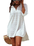 Solid Long Shirts For Women Fashion Jacquard Turn Down Collar 3/4 Sleeve Loose Tops Casual Oversize Chiffon
