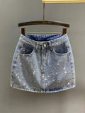 Women Denim Skirt Full Diamond Slim High Waist Black A-line Wrap Hip Luxury Mini Skirts 2024 Summer New Fashion 29L1188-Outfit