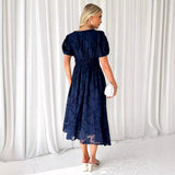 Dress Floral Lace Short-Sleeved High-Waist A-Shaped Flowing Party Mid-Dress