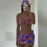 Mesh Long Sleeve Crop Top Mini Skirts Two Piece Holiday Matching Set Print Fashion Outfits See Through Y2K Bodycon