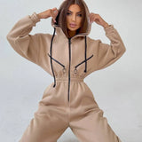Women Basic Hoodie Jumpsuit Zipper Drawstring Overall High Waist Elasticity Streetwear Tracksuit Rompers Casual One Piece