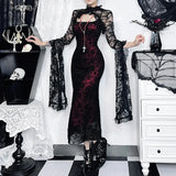 Vintage Gothic Blouse Sexy Cross Flocking Suspender Fishtail Skirt Woman-Outfit