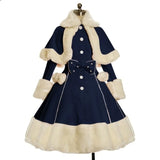 Women Lolita Autumn Coat Warm Fur Collar Bowknot Dress Jacket Fashion Sweet Princess Breasted Overcoat Halloween Costume