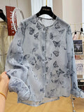 Chinese Style Light National Style Butterfly Printed Round Collar Long-Sleeved Shirt Summer Tulle Sunscreen Blouse Temperament Blouse-Outfit