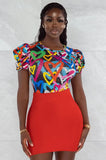 Printed Sexy O-Neck Puffed Short Sleeves