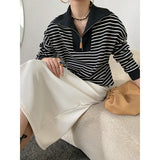 Women's Zipper Polo's Neck Striped Sweatshirt Long Sleeve Casual