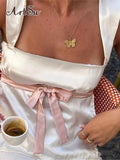 Y2K Satin Bow Tie Crop Top 2022 Summer Outfits Elegant Sexy Backless Plunge Vest Top Cropped Streetwear