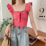 Care Machine Sling Women's Summer New Vest Solid Color Bow Tie With Short Lotus Leaf Tops