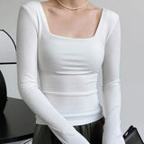 square-neck t-shirt women's slim-fit exposed collarbone low-neck short top bottoming shirt-Outfit