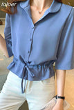 Women Solid Turn-down Collar Half Sleeve Chiffon Shirt Fashion Casual Shirring Single-breasted Blouses Female 319-0-Outfit