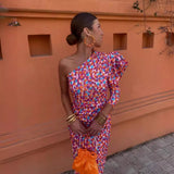 Summer Women's Dress French Retro Print Oblique Shoulder Design Body-Body-Suited And Hip Dress Skirt Fashion