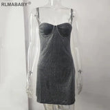 Bright Silk Diamond Women Mini Dress Low-Neck Sleeveless Backless Night Club Party Bodycon Dress New Elegant Princess