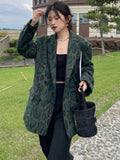 Green Leopard Graphic Female Blazer Notched Long Sleeve Temperament Colorblock Loose Women's Coat 2021 Autumn