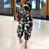 Leopard Print Jumpsuit Retro Summer Short Sleeve Lace-Up Playsuit Overalls Casual Button V-Neck Pocket Romper Bodysuit