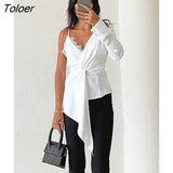 Irregular Patchwork Office Women Shirts Lace Strap Twist V-Neck Slim Summer Blouses Femme White Elegant Blusas 2022