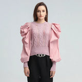 Hole Patchwork Sweater For Women O Neck Puff Sleeve Casual Pink Sweaters Female 2022 Spring Fashion New