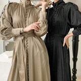French Solid Turtleneck Luster Single-breasted Strap Waist Lantern Sleeve Long Dress for