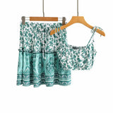 Floral Print 2 Piece Set Women Bohemian Ruffle Sexy Mini Dress Set Summer Straps Pleated Boho Dress Gypsy Beach Dress