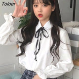 Women Shirts Turn-down Collar Flare-sleeve Bows Lace-up Solid Sweet Loose Tops Korean Style Students Elegant Casual Chic