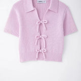 New Bow Trim Short Sleeves Short Knitted Top