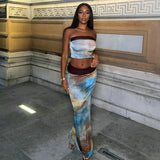 Women's Spring And Summer Breast Dye Printing Shoulder Tight High-Waisted Long Ass Skirt