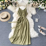 Style Sexy V-neck Slit long Dress Women's Summer elegant Plain Lace-up Waist Dress Office