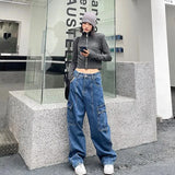 new style retro multi-pocket casual overalls Y2k women low-waist hip-hop slim loose couple straight pants-Outfit
