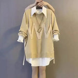 Women's Korean Turn-down Collar Shirt Fashion Spliced Solid Color Knitted Sweaters Two Piece Sets Autumn Female Clothing