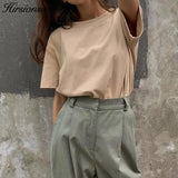 100% Cotton T Shirt Women Summer New Oversized Solid Basic Tees 9 Color Casual Loose Tshirt Korean O Neck Khaki