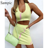 Y2K Women Green Sexy Skirt Suit 2021 Halter Casual Beach Tie Dye Print Knitted Skinny Tops And Mini Skirt Two Piece