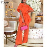 Casual Summer Outfit Cotton Linen Wrap Shirt Belt Short Sleeve 2 Pieces Sets Elastic Waist Wide Trouser Suits Women