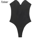 Women Sexy Heart Collar Black Patchwork Slim Sling Bodysuits Ladies Strapless Side Zipper Playsuits Mujer Rompers