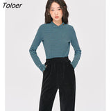 Women Bottoming T-shirts 2022 Winter Long Sleeve Crossover Neckline Slim Fit Stretch Tees Striped Basic All Match