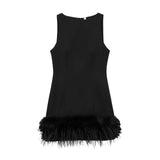 Sense A Dress 2025 Autumn New Standing Collar Sleeveless Solid Color Feathers Spliced Dress Dress