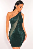 Sexy Sequins See Through Mesh One Shoulder Sleeveless Bodycon