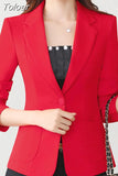 Solid Color Elegant Red Blazer Women Jacket England Style Slim Fit Long Sleeve Outerwear Notched Collar Single Button