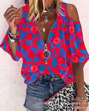Loose Zipper Print Shirt Blouse Women Spring Summer Fashion V-neck Lantern Sleeve Shirts For Women Sexy Off Shoulder Top-Outfit