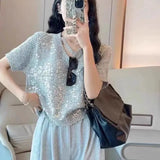 Short Sleeve V-Neck Women's Clothing Solid Color T-shirt Pullover Beaded Sequined All-match Elegant Flattering Tops-Outfit