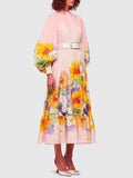 Ruched Print Slim Dresses For Women Stand Collar Long Sleeve High Waist Spliced Belt A Line Midi Dress Female Summer