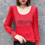 Women's Clothing Letter Printed Slim Blouse Spring Autumn Casual Long Sleeve O-Neck Commute Fashion Gauze Spliced Diamonds Shirt-Outfit