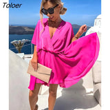 Boho Ladies Sexy V Neck Solid Mini Dress Women Elegant Half Sleeve Satin Loose Mini Dresses 2023 Summer Casual