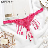 Embroidery Tassel Transparent G-String Temptation Pearl Massuge Women Underwear Thong Crotch Open Lingerie Briefs