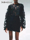 Embroidery Cut Out Two Piece Set Womens Round Neck Lantern Sleeve Tops High Waist Mini Skirts Solid Sets Female
