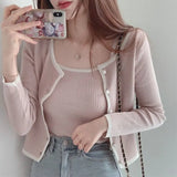 Winter and Autumn Sweet Contrast Short Knit Cardigan Two-piece Sets Design Single-breasted Long Sleeve Sweater
