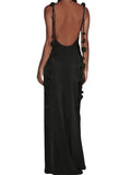 Satin Backless Spaghetti Strap Long Dress for Women Sexy Backless 3D Flower Tassels Dress Party Cocktail Y2K Vestidos-Outfit
